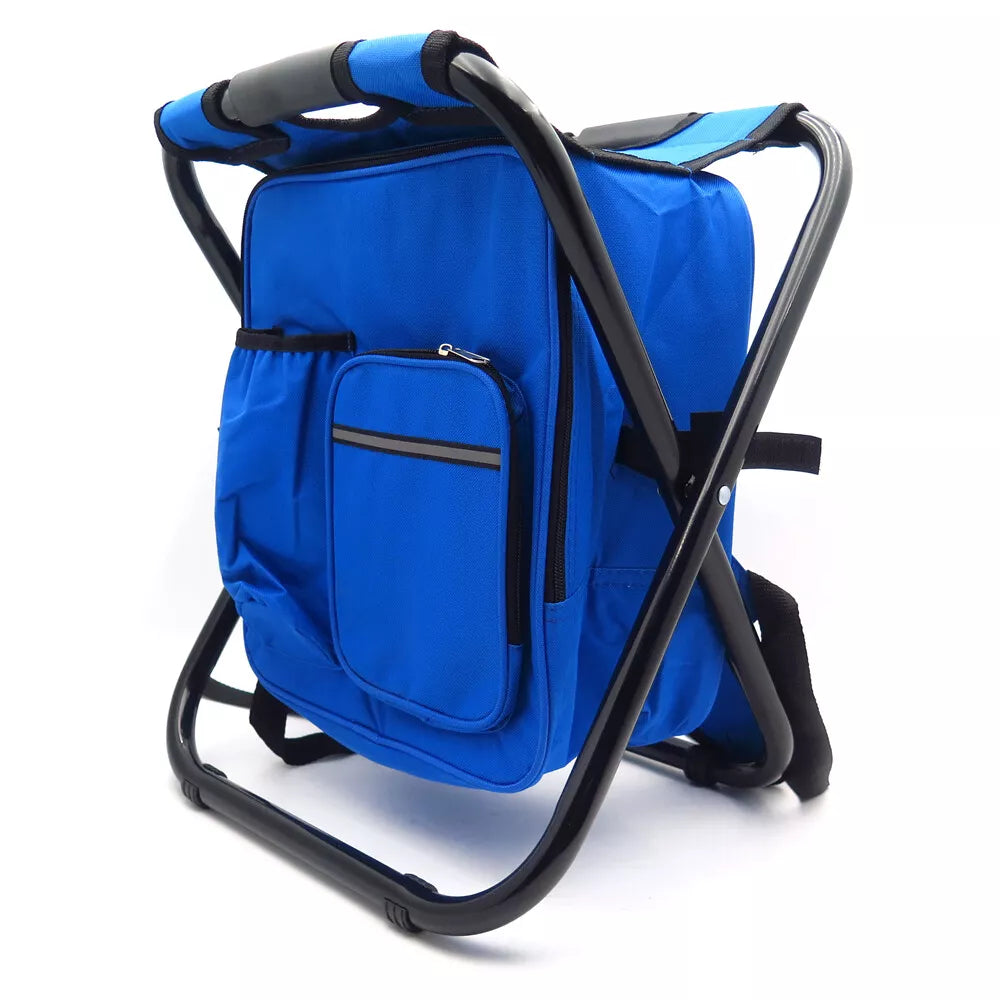 Folding Camping Stool Backpack Insulated Cooler Bag Blue