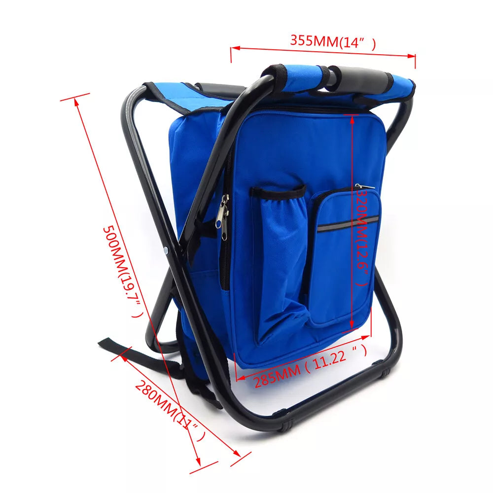 Folding Camping Stool Backpack Insulated Cooler Bag Blue
