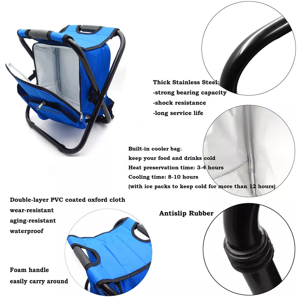 Folding Camping Stool Backpack Insulated Cooler Bag Blue