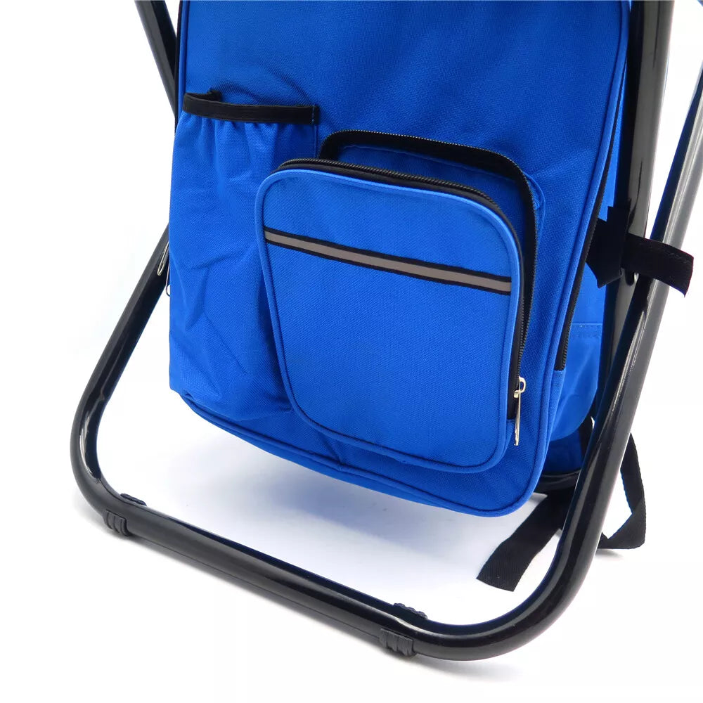 Folding Camping Stool Backpack Insulated Cooler Bag Blue