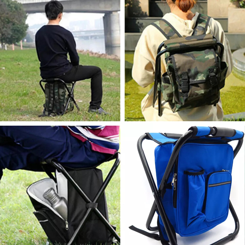 Folding Camping Stool Backpack Insulated Cooler Bag Blue