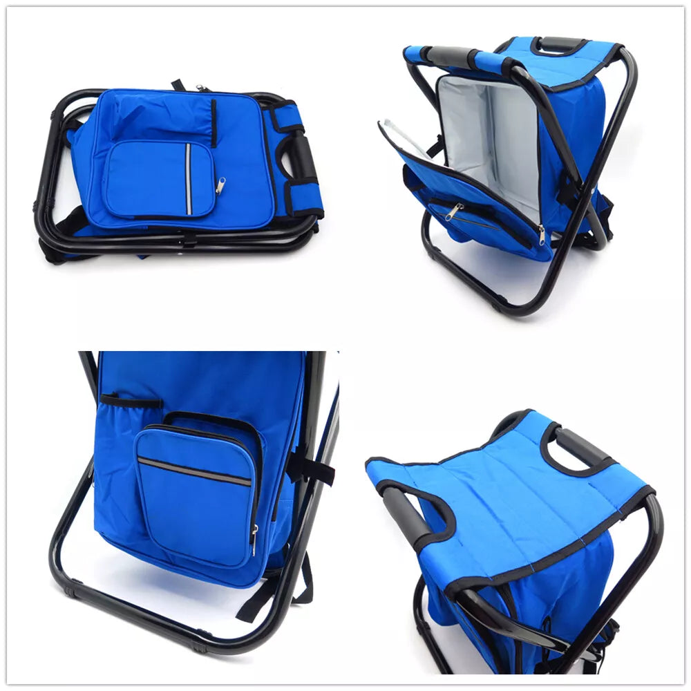 Folding Camping Stool Backpack Insulated Cooler Bag Blue