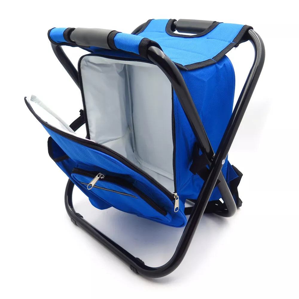 Folding Camping Stool Backpack Insulated Cooler Bag Blue