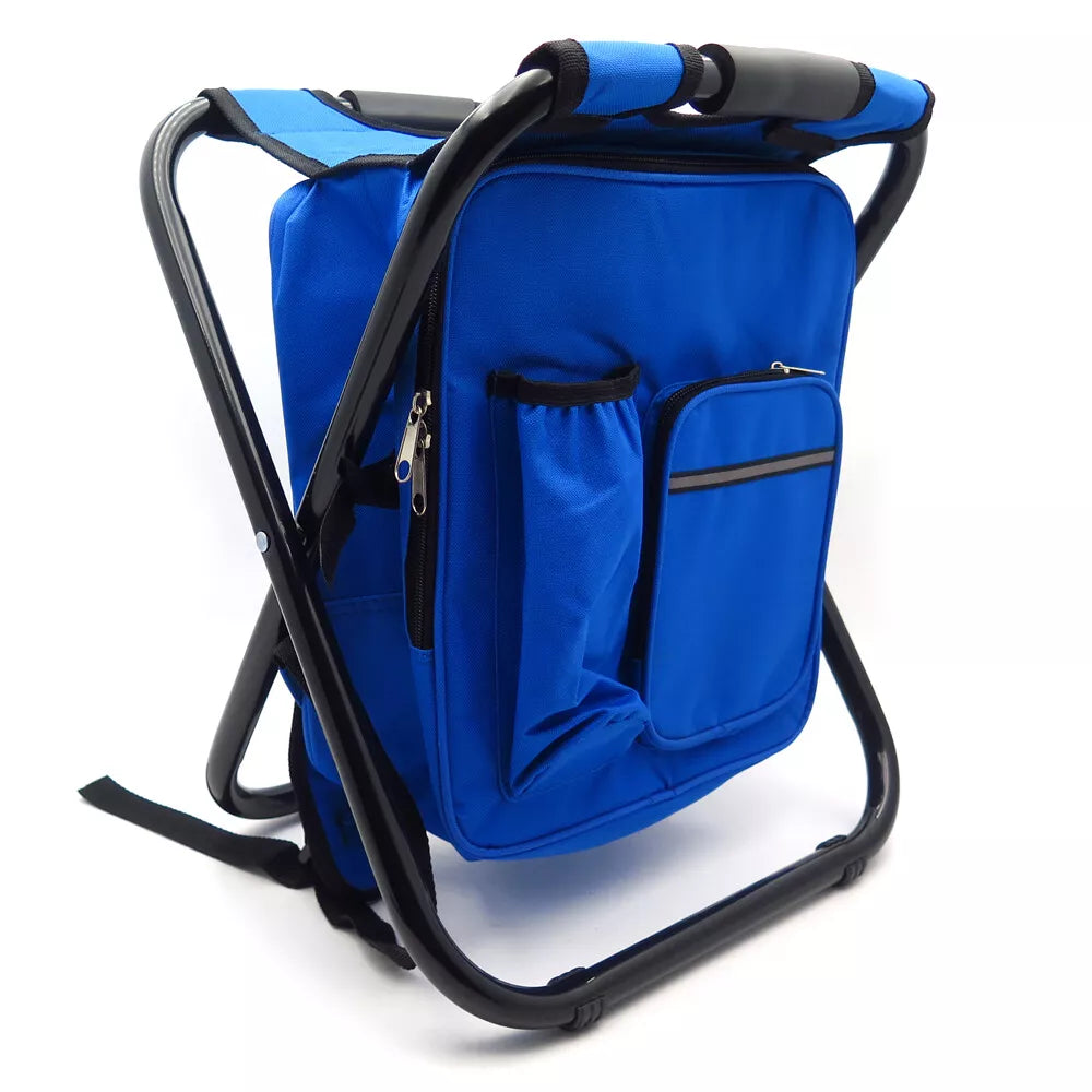 Folding Camping Stool Backpack Insulated Cooler Bag Blue