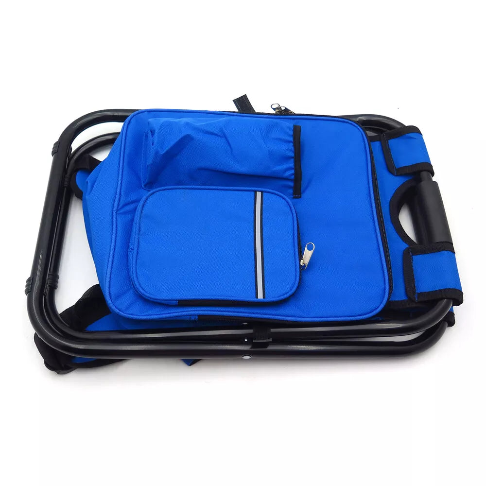 Folding Camping Stool Backpack Insulated Cooler Bag Blue