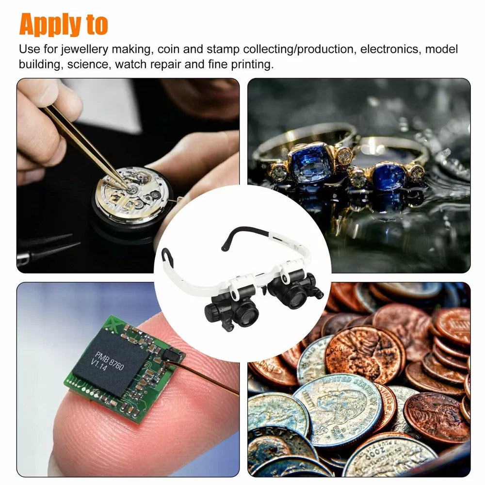 Headband Head Magnifier 8 Lens LED Light Jeweler Glasses