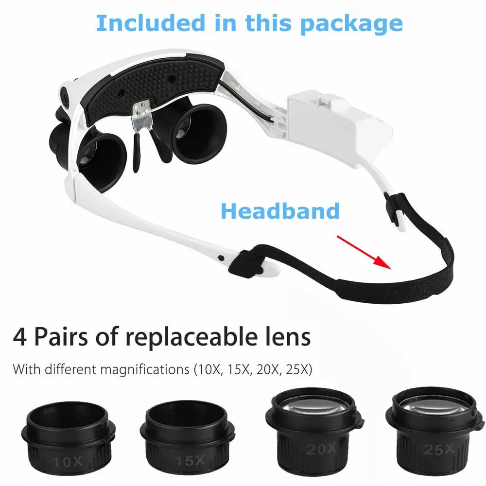 Headband Head Magnifier 8 Lens LED Light Jeweler Glasses