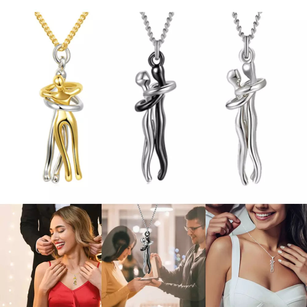 Inseparable Couple Hug Necklace, Unisex Lovers Hugging Pendant Necklace