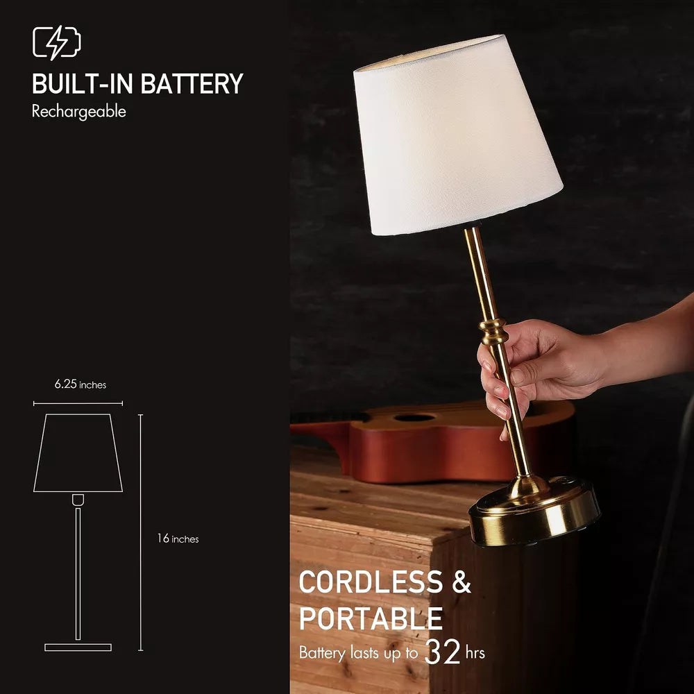 Cordless Retro Fabric Led Table Lamp, Gold / Cotton