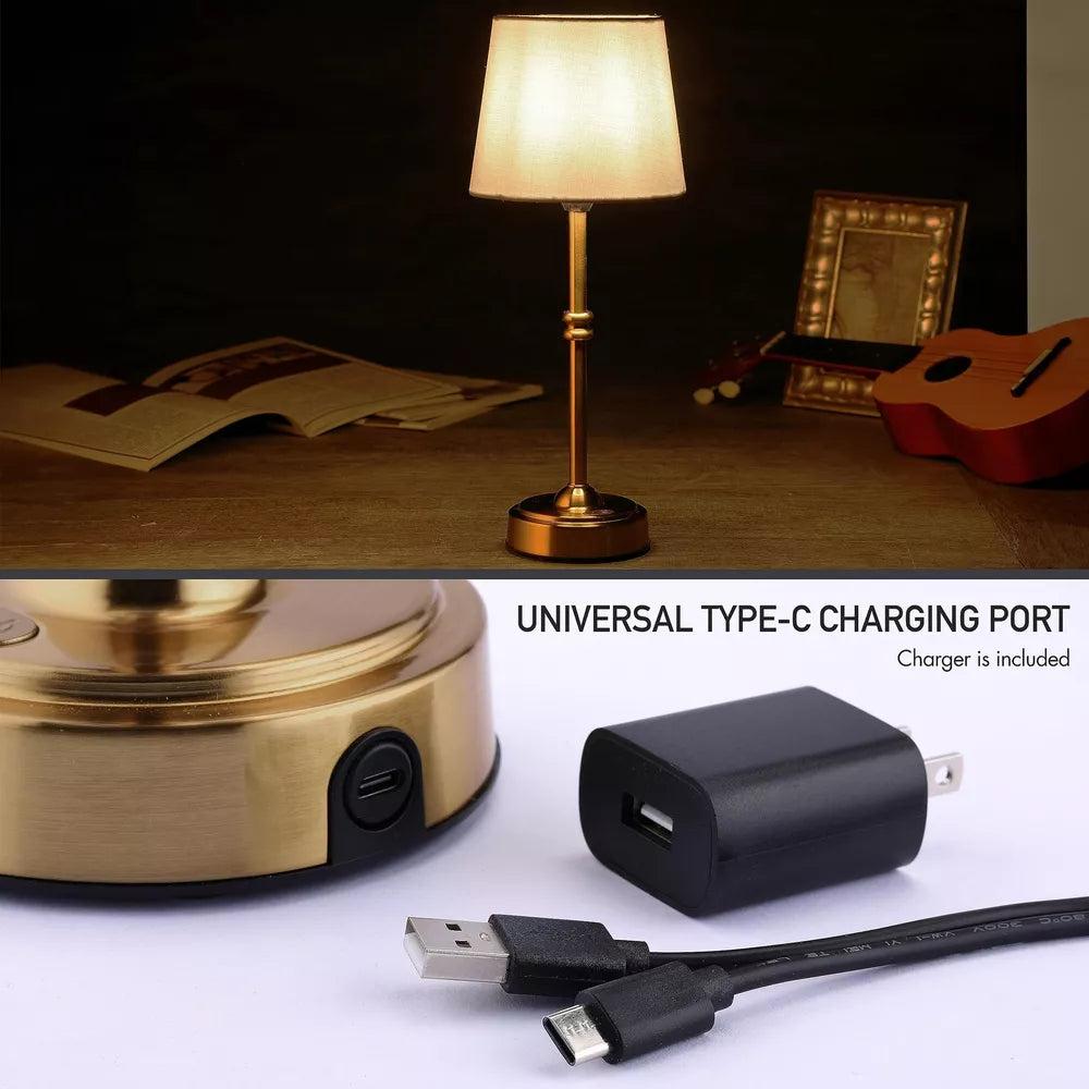 Cordless Retro Fabric Led Table Lamp, Gold / Cotton