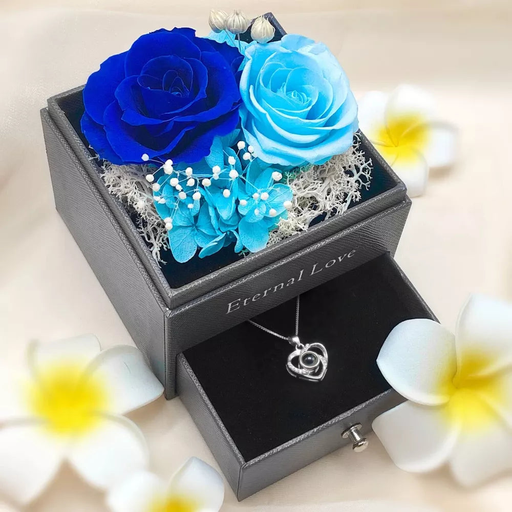 Eternal Rose box with Heart Necklace Blue