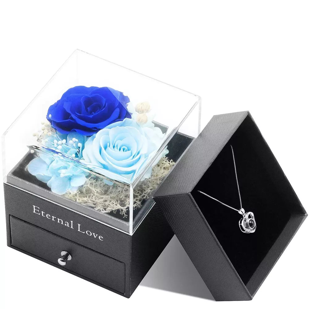 Eternal Rose box with Heart Necklace Blue