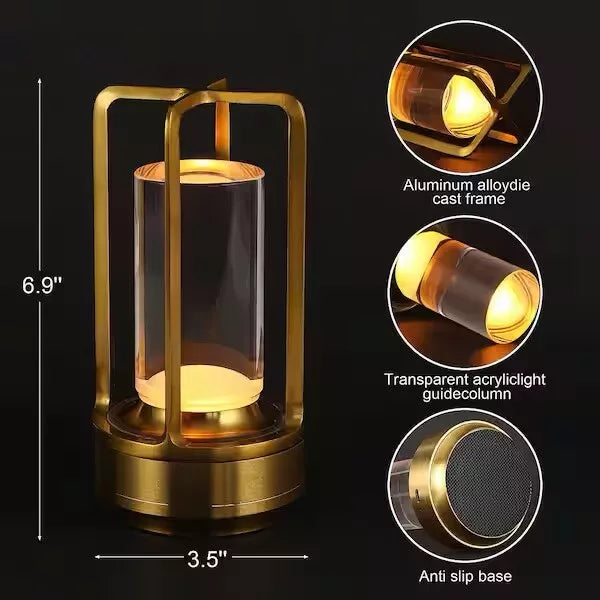 Touch Dimming Metal Hand Held Lantern Crystal Night Light Table Lamp, Gold / Pack of Three