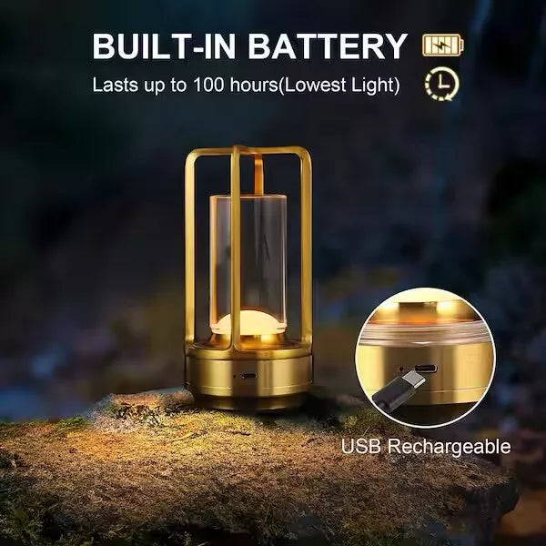Touch Dimming Metal Hand Held Lantern Crystal Night Light Table Lamp, Gold / Pack of Three