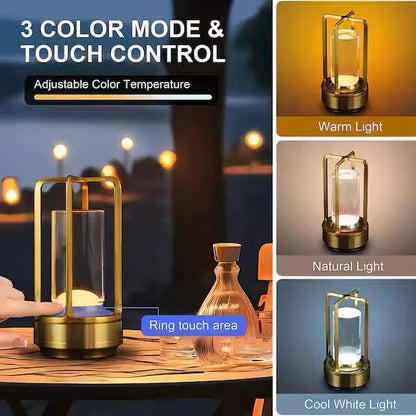 Touch Dimming Metal Hand Held Lantern Crystal Night Light Table Lamp, Gold / Pack of Three